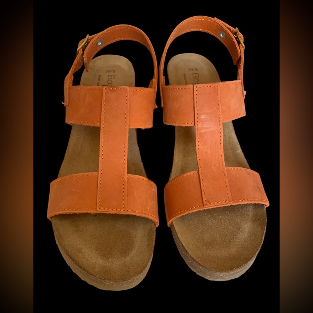 Women's Bos & Co Lust Italian Leather T-Strap Wedge Sandals Orange Made in Italy - Picture 7 of 11